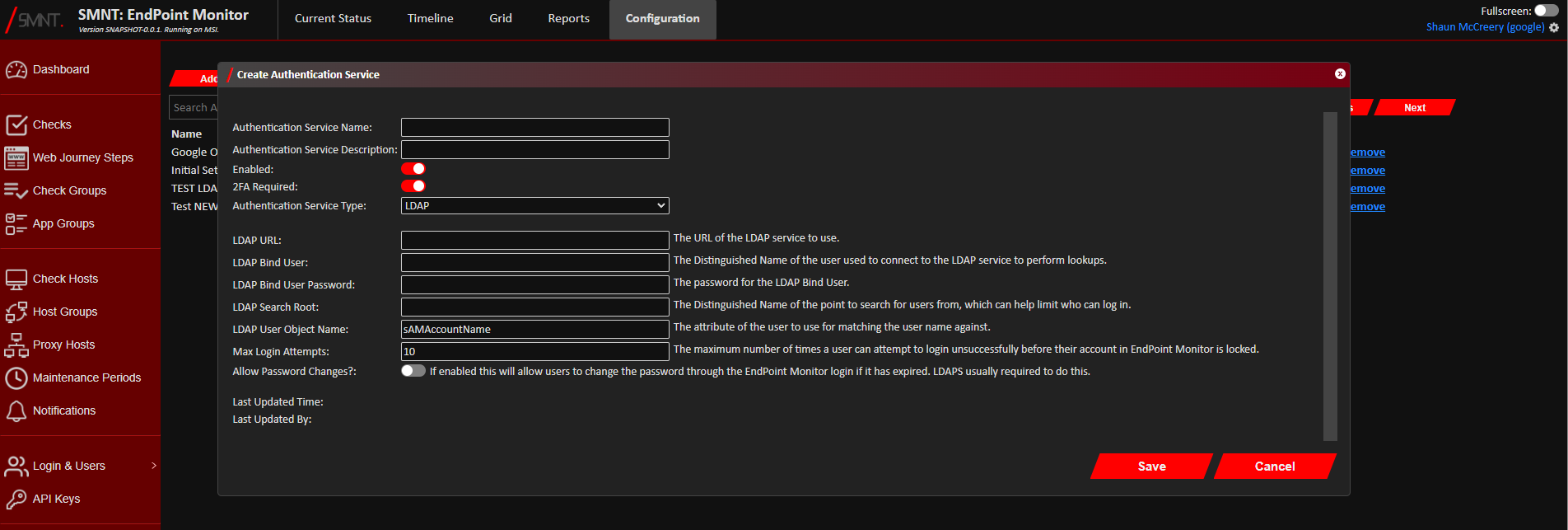 Add Authentication Service Window