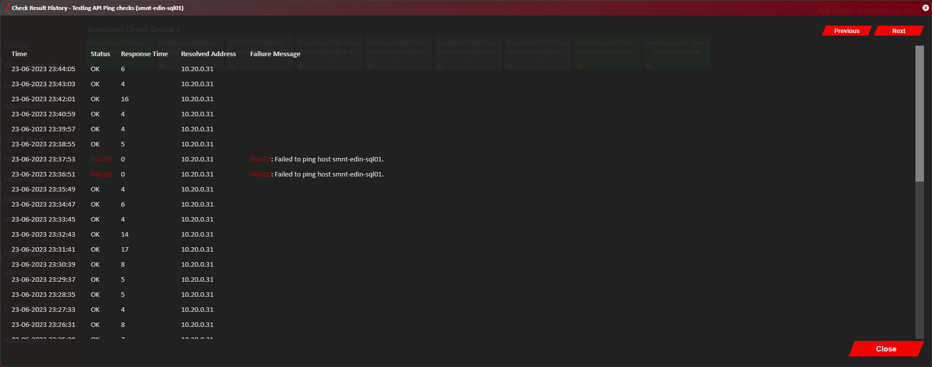 Dashboard Check Result History