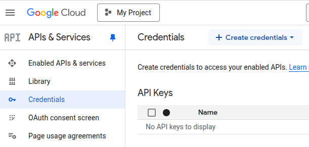 Google Cloud Create Credentials Button