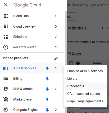 Google Cloud Credentials Menu