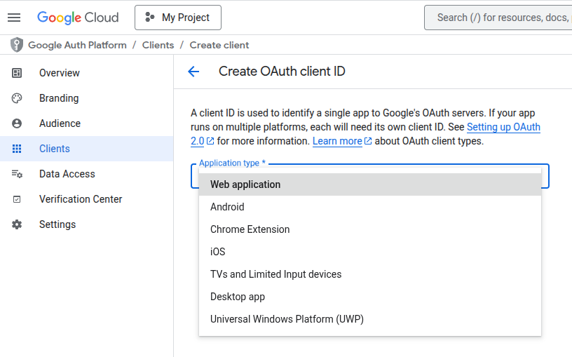 Google Cloud OAuth Application Type