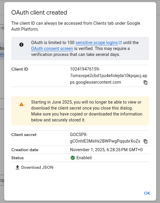 Google Oauth Client Created Confirmation