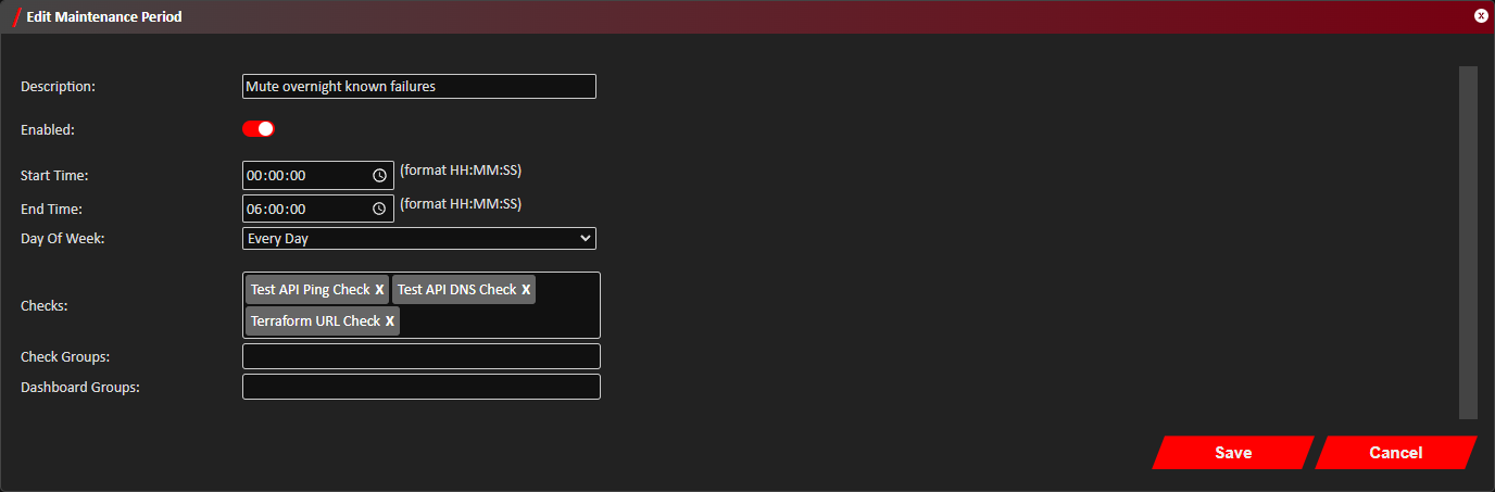 Edit Maintenance Period Window