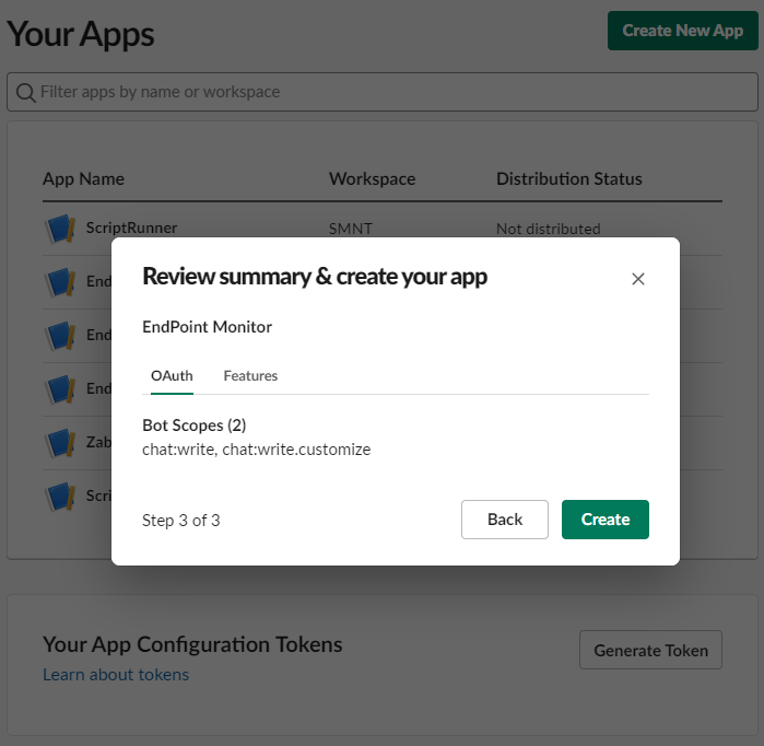 Slack Create New App Confirmation