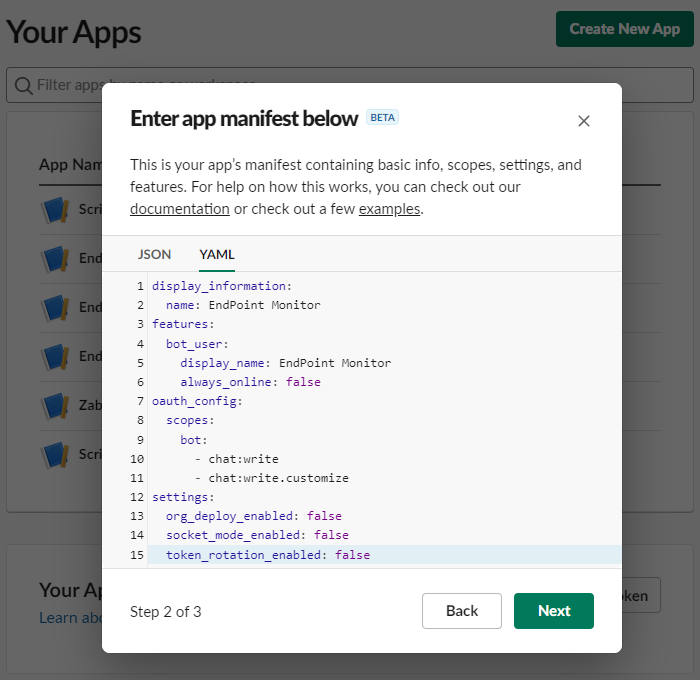 Slack Create New App Enter Manifest