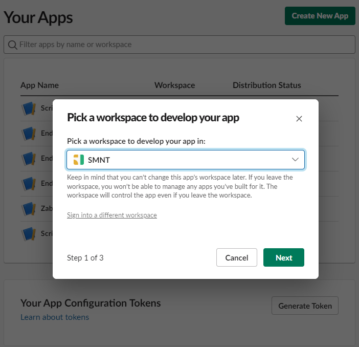 Slack Create New App Select Workspace